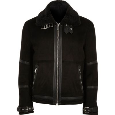 Black faux fur collar aviator jacket